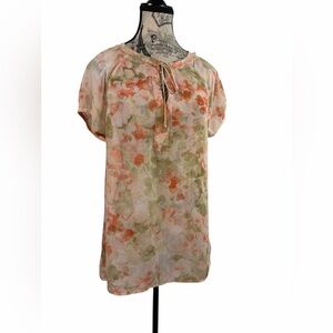 Liz Claiborne Coral Floral Sheer Top Front Tie Blouse Large